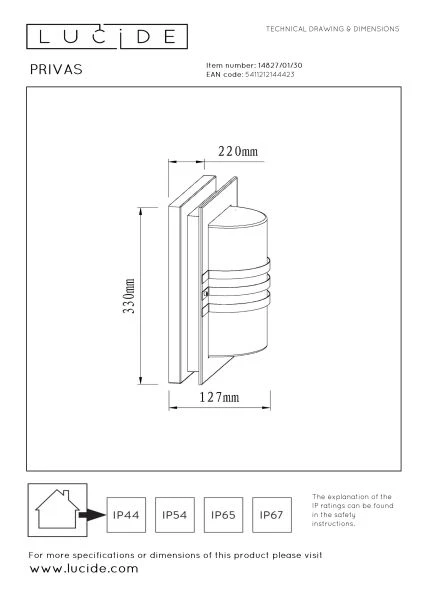 Lucide PRIVAS - Applique murale Intérieur/Extérieur - 1xE27 - IP44 - Noir - technique